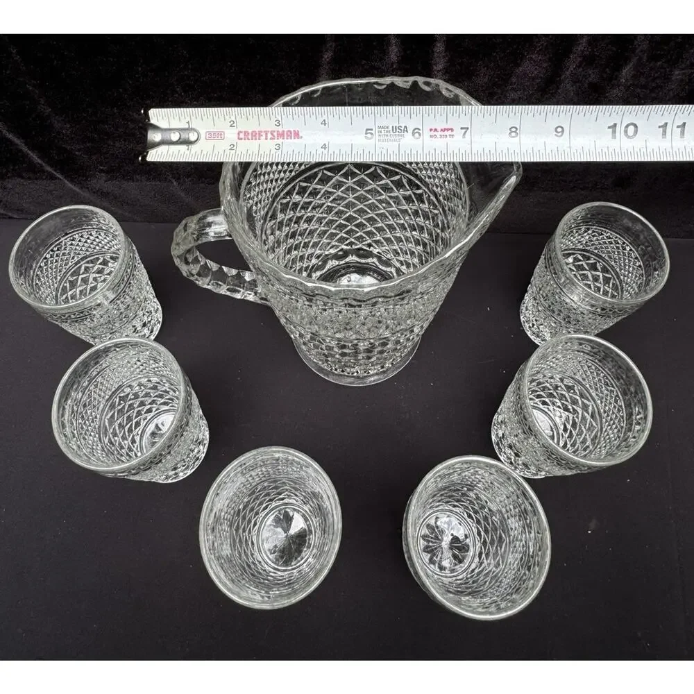 Anchor Hocking Wexford Diamond Cut Glass Vintage Pitcher & 6 Glasses EUC -8/28
